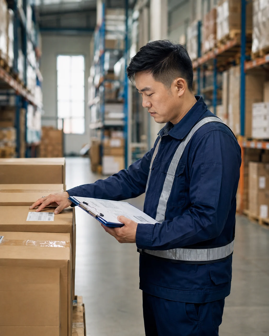 Illustrative logistics worker reviewing cargo information for shipment planning