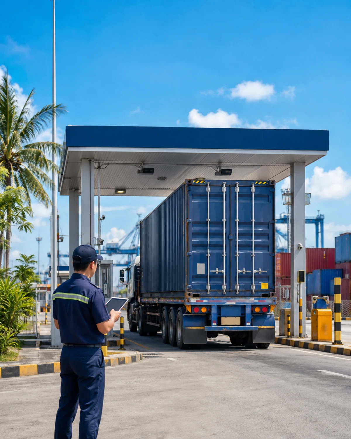 Illustrative container truck and logistics coordinator at a tropical port checkpoint