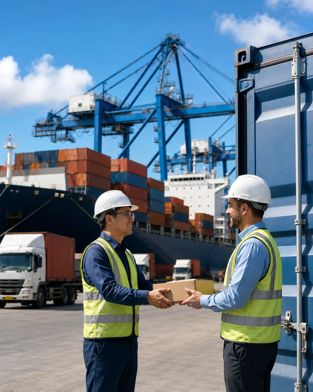 Illustrative logistics coordinators handing over cargo at a container terminal