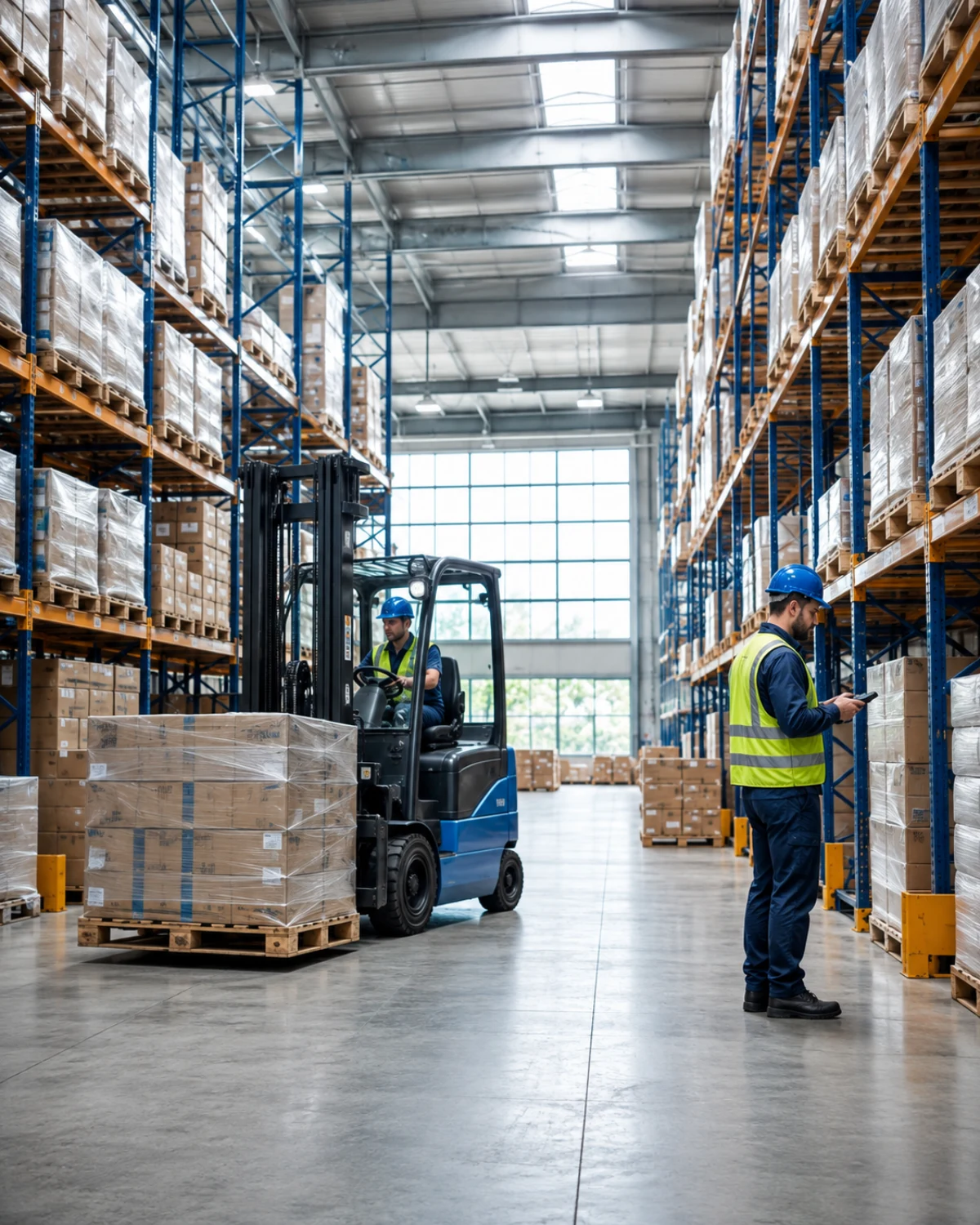 Illustrative warehouse scene with organised cargo and a logistics coordinator
